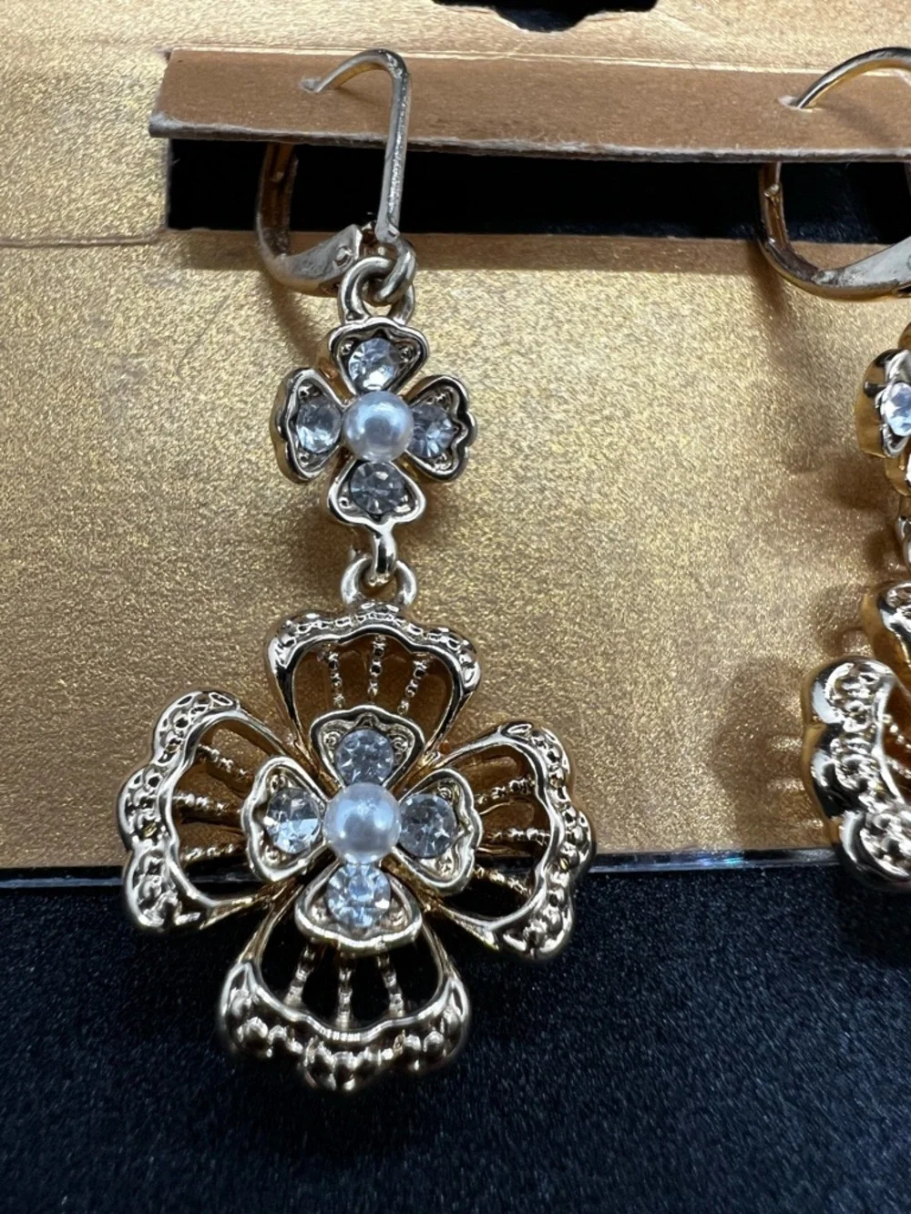 Vintage Monet Gold Tone Rhinestone Double Flower Drop Dangle Earrings Signed